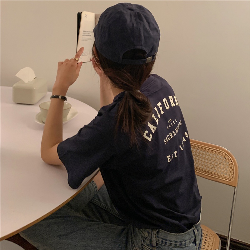 SUXI Áo thun dáng rộng tay ngắn cổ tròn in chữ phong cách retro thời trang hè cho nữ