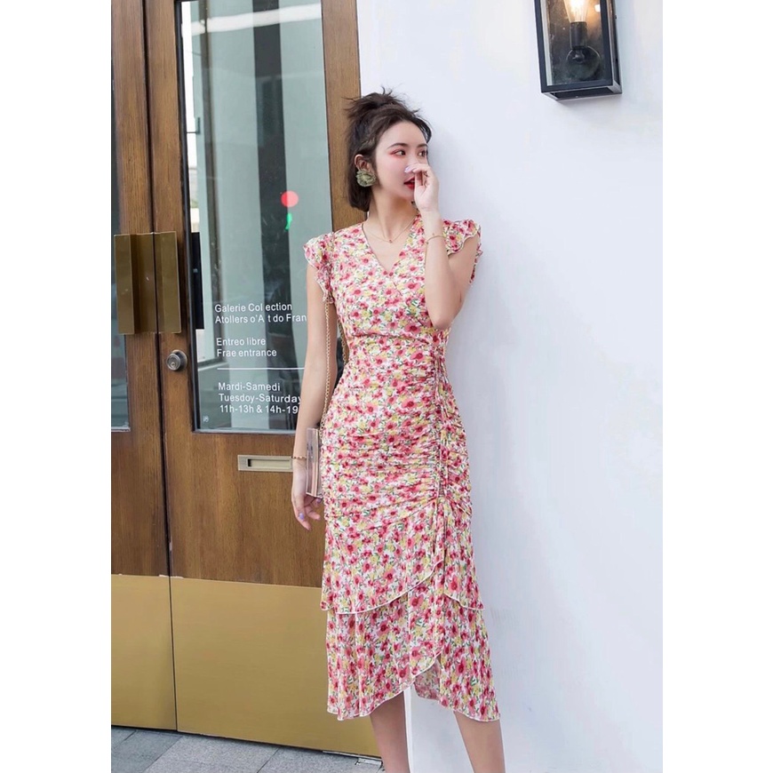 Đầm MIDI Hoa Nhí Hồng - Dáng Rút Hông Lady