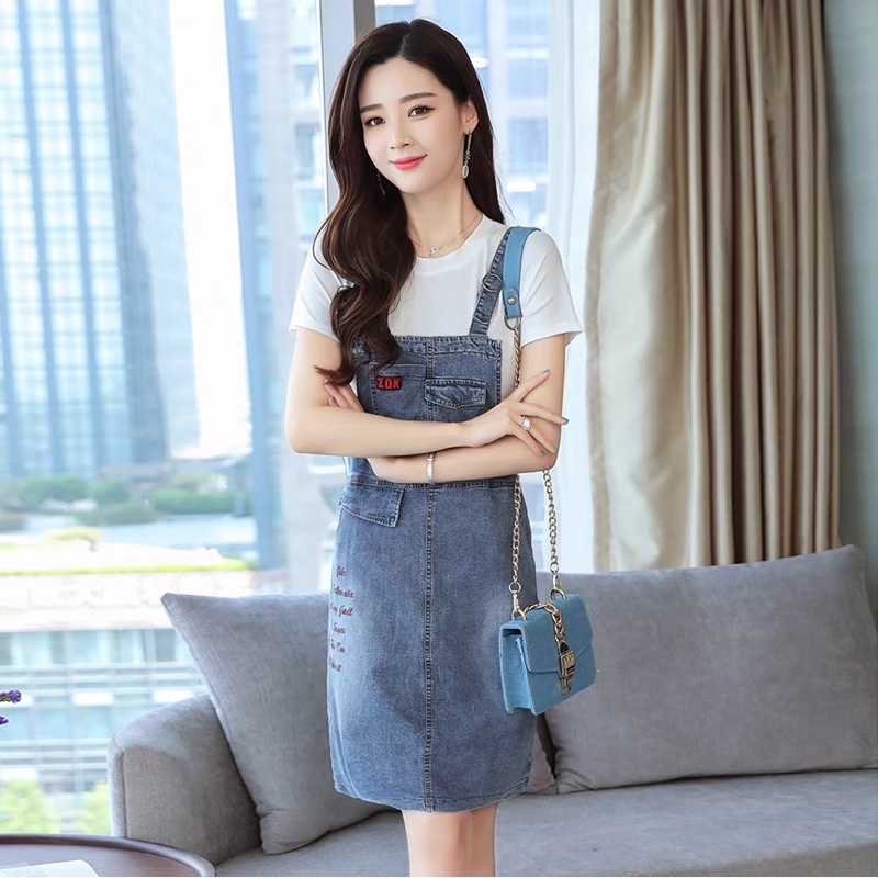 Set yếm váy Jean nữ cao cấp, thiết kế thêu chữ trẻ trung, phong cách NV0966