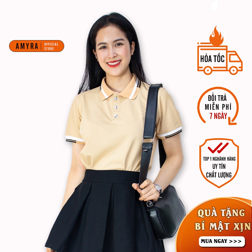 Áo thun polo nữ AMYRA có cổ form rộng tay ngắn phông trơn công sở cao cấp mặc đi làm,đi chơi thể thao basic AT031