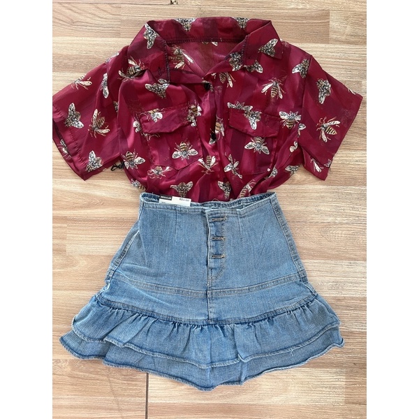 Set áo sơ mi và chân váy jean xoè tầng
