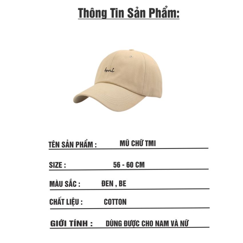 Mũ lưỡi trai TMI , Nón kết nhiều màu phong cách Ulzzang form unisex nam nữ