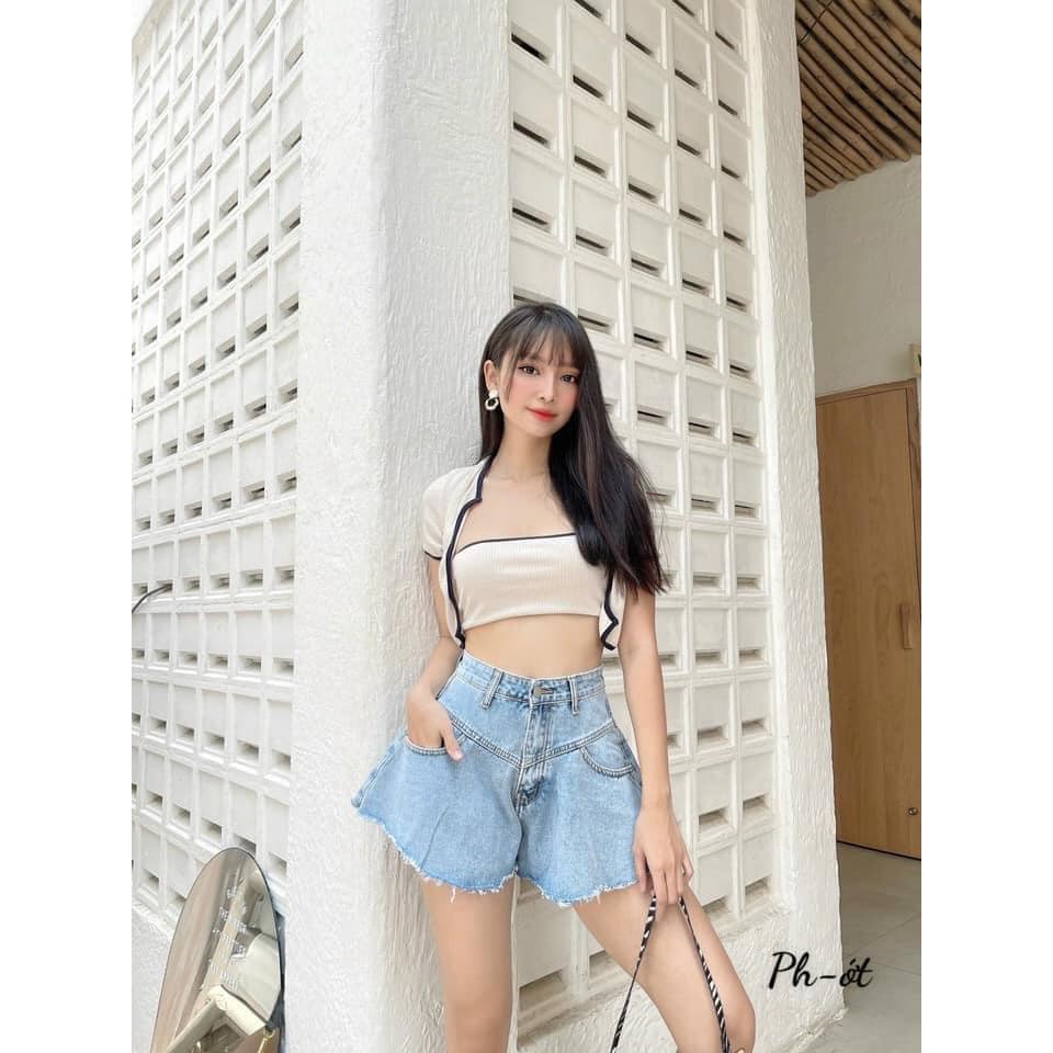 Set áo croptop phối viền ullzzang kèm áo quây chất thun tăm co dãn