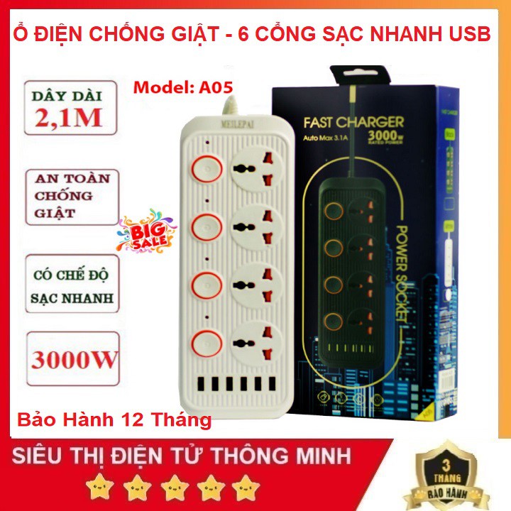 Ổ Cắm  Điện A05, Đa Năng Thông Minh, Tích Hợp 6 Cổng USB Sạc Nhanh 3.1A - Chống Cháy Nổ