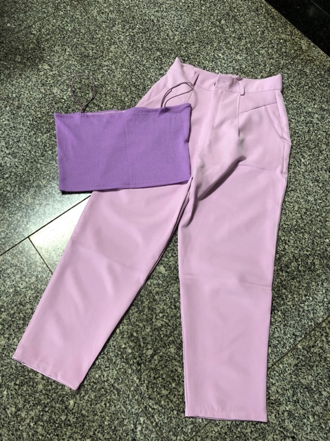 Set crop tím 2 dây và quần Tây baggy