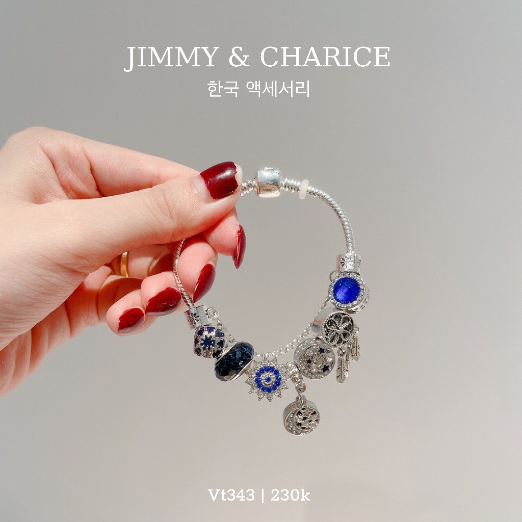 Vòng tay charm Jimmy & Charice màu xanh dương 18cm may mắn chất liệu bạc 925  không han rỉ bay màu khi tiếp xúc nước