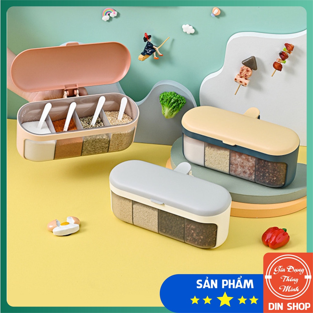 Hộp đựng gia vị 4 ngăn 💝 FREESHIP 💝 Hũ để gia vị nhà bếp có nắp đậy, chất liệu an toàn tiện lợi khi sử dụng