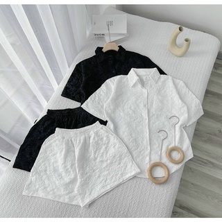 Set áo sơ mi gấm xốp tay ngắn + short