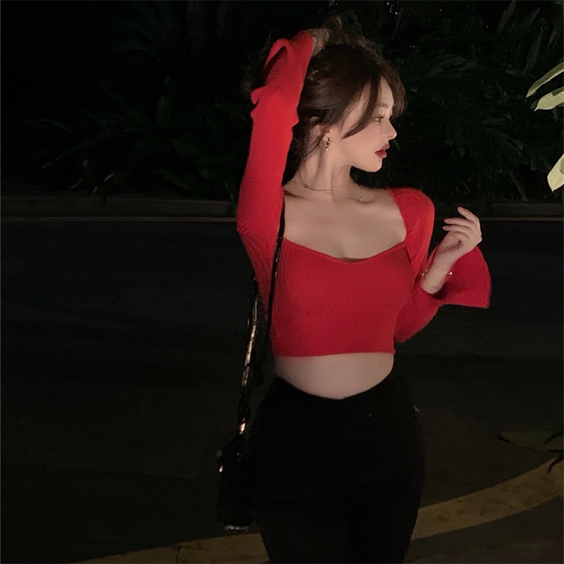 Cocory vn Áo kiểu croptop tay dài cổ chữ V quyến rũ thời trang dành cho nữ