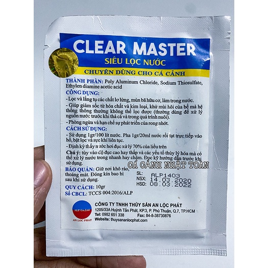 CLEAR MASTER KHỬ CHẤT ĐỘC LÀM TRONG NƯỚC HỒ CÁ 10G AN LỘC PHÁT