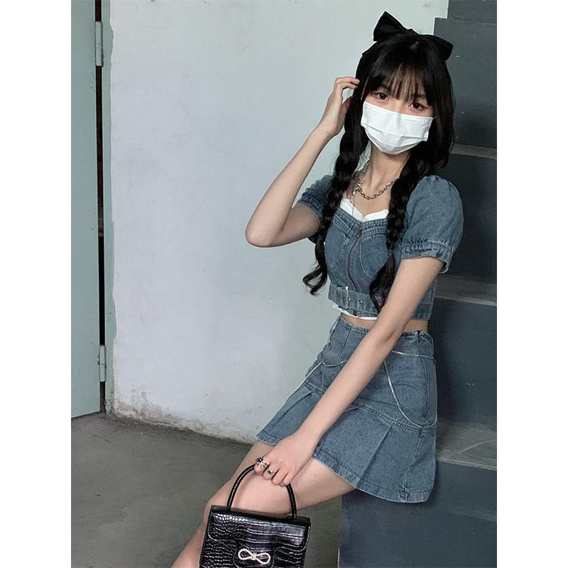 AMOI Bộ Áo Trễ Vai + Chân váy jean Lưng Cao Xếp Ly Thời Trang Cho Nữ