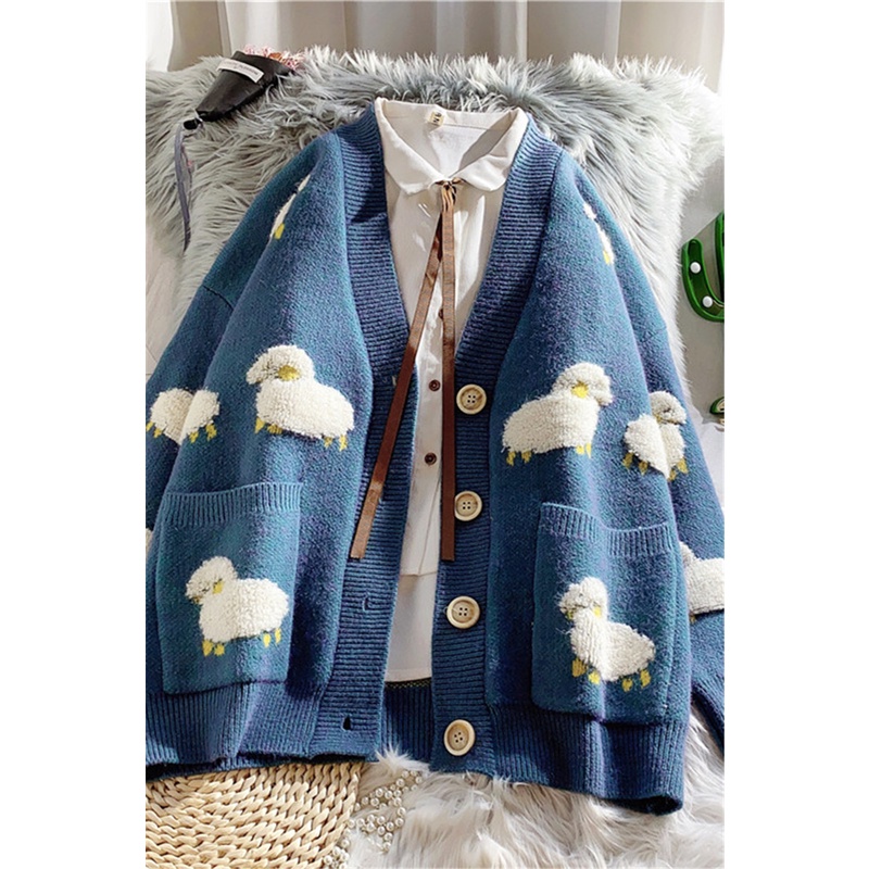 áo cardigan cổ V túi hai bên logo Cừu Trắng dễ thương dài tay thu đông 2021 CG013