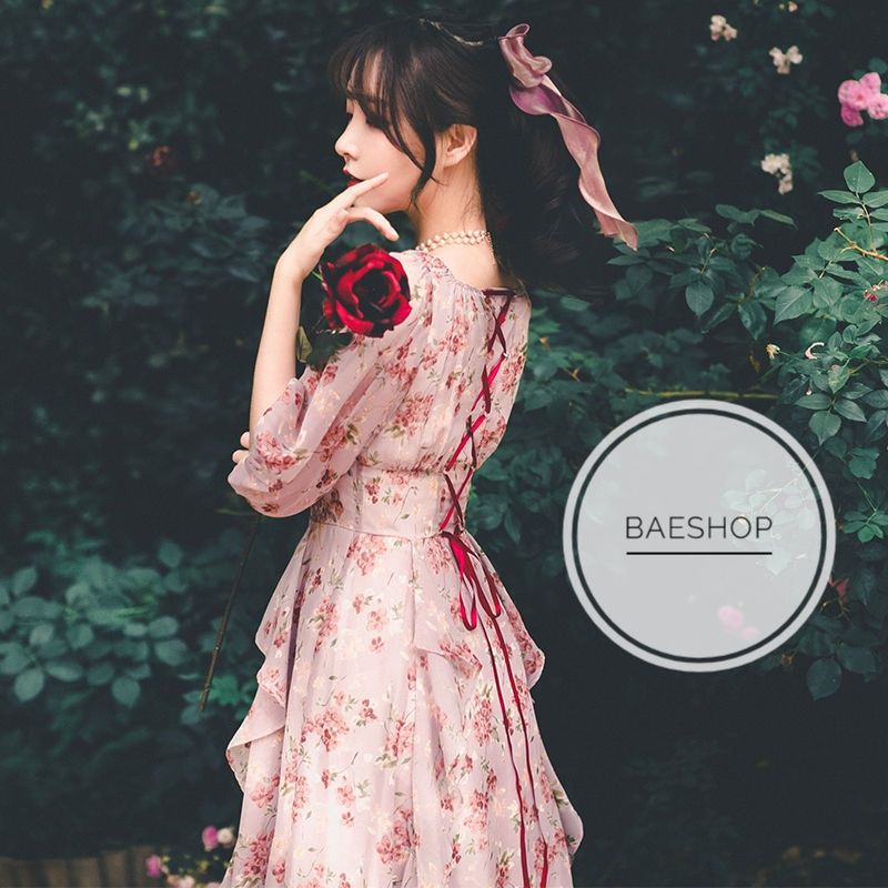 Đầm nữ Baeshop dáng dài cổ vuông xoè tiểu thư