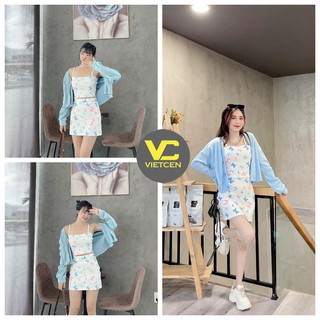 Set trang phục nữ 3 món áo 2 dây chân váy và áo khoác mỏng đi biển in bướm mịn mát - VIETCEN