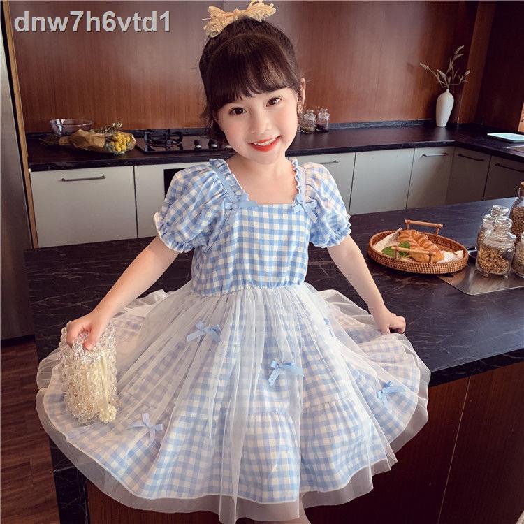 Cô gái có tay phồng Váy mùa hè 2021 phiên bản mới của trẻ em Hàn Quốc của phong cách phương tây váy lưới kiểm tra cô bé