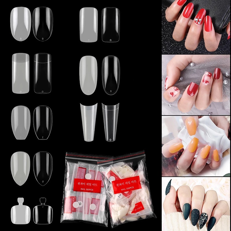 Bộ 500 Móng Tay Giả Che Phủ Toàn Diện Bằng Acrylic / Trắng Trong Suốt 10 Kích Cỡ Khác Nhau