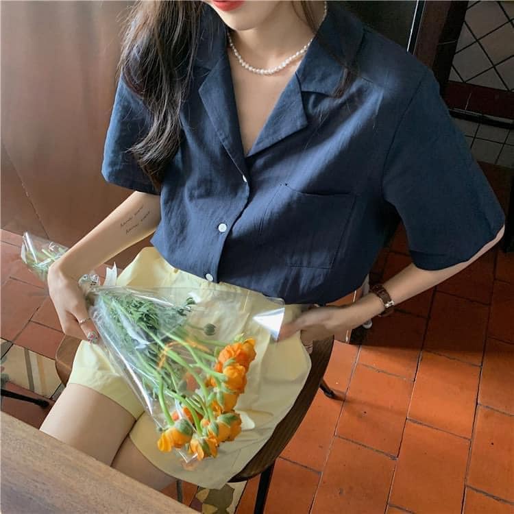 Áo sơ mi đũi tay ngắn, phong cách Hàn Quốc, màu xanh, vàng, hồng, trắng