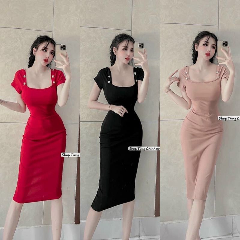 Đầm Cổ Vuông Vai Nút Kiểu - Tay Ngắn Dáng Dài Maxi - Form Ôm Body Sexy