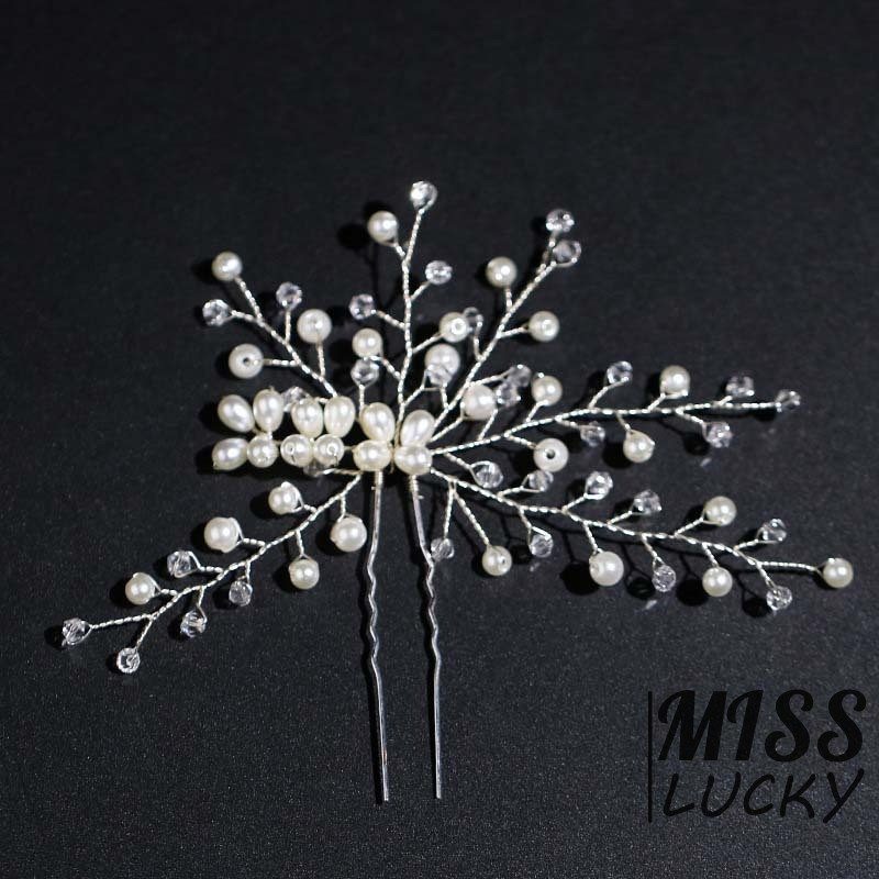 Trâm cài tóc cô dâu trang trí hình hoa lá đính ngọc trai giả thời trang