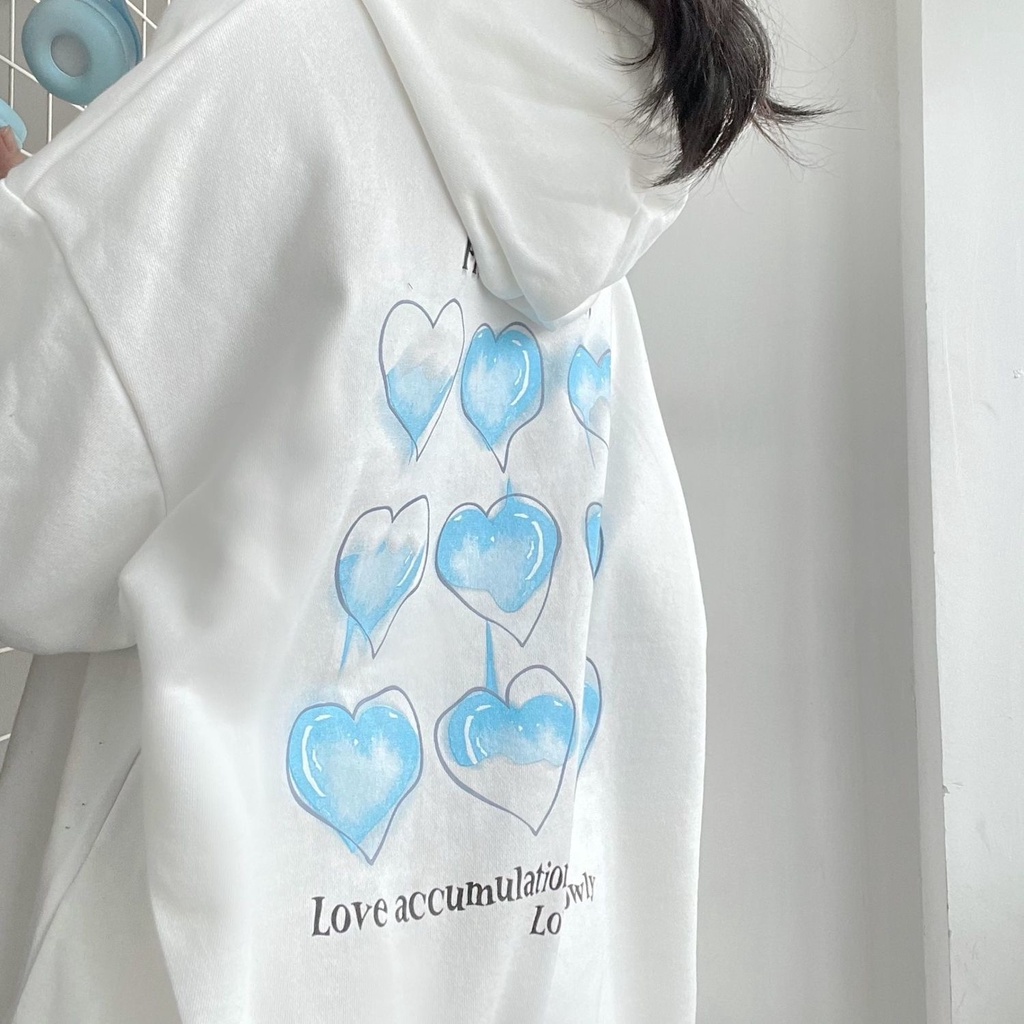 Áo Hoodie Tay Dài Form Rộng Họa Tiết Trái Tim Dễ Phối Đồ