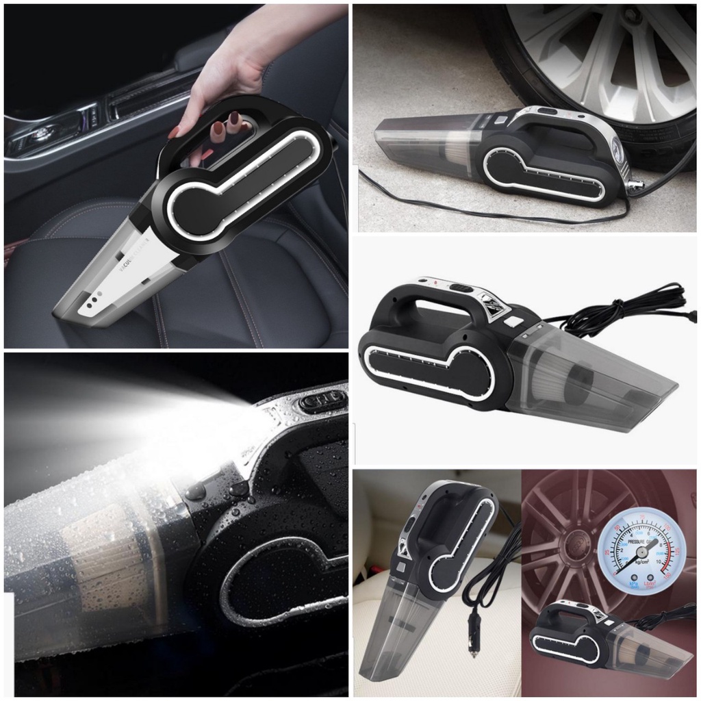 Bơm dự phòng kiêm hút bụi, đo áp suất lốp, đèn pin điện 12V cho ô tô