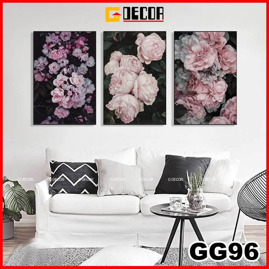 Tranh treo tường canvas khung gỗ 3 bức phong cách hiện đại Bắc Âu tranh hoa mẫu đơn trang trí phòng khách phòng ngủ 96