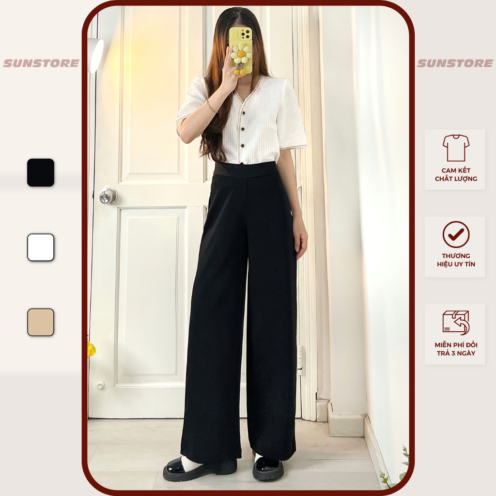 Quần ống rộng nữ lưng cạp cao vải culottes khoá sườn dáng suông dài chất dày màu đen be OriPant - Sunstore
