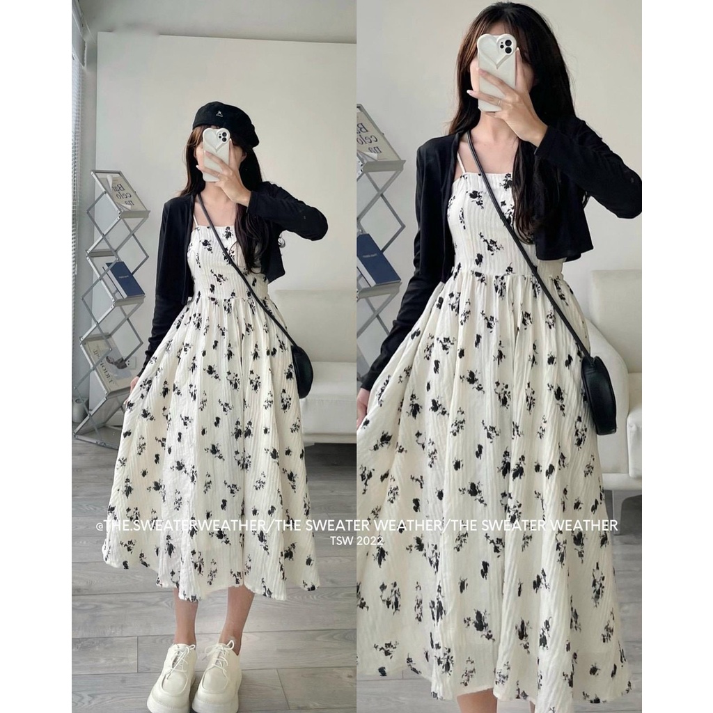 Set váy hai dây thô đũi hoa nhí kèm áo khoác cardigan đen