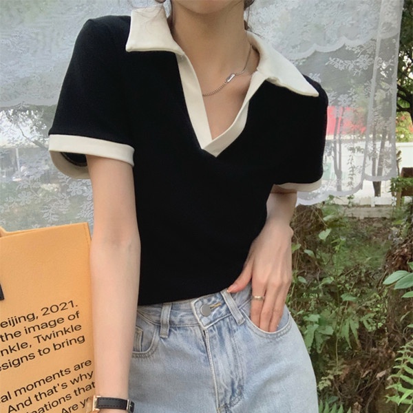 Áo polo Ngắn Tay Phối Màu Tương Phản Thời Trang Mùa Hè Hàn Quốc Cho Nữ