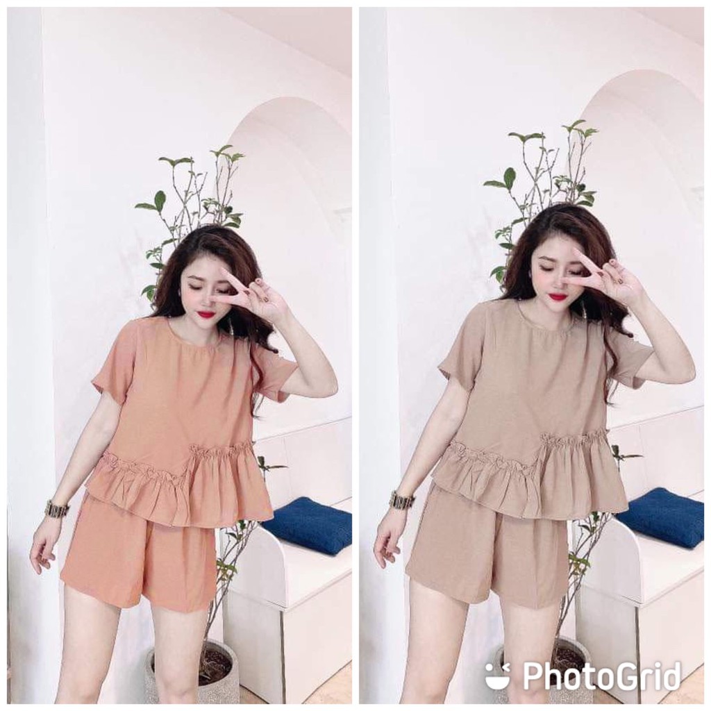 Set bộ thời trang thun cotton mềm mịn co giản thấm hút mồ hôi, kiểu dáng quần đùi kết hợp áo tay ngắn phối bèo