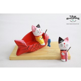 Bộ 2 mèo gỗ câu cá ngồi ghế cá chép