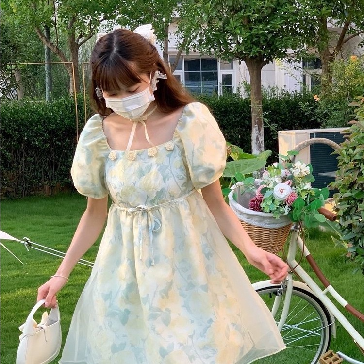 Đầm Chữ a Cổ Vuông Tay Phồng Mẫu Mới Ngọt Ngào Cho Nữ