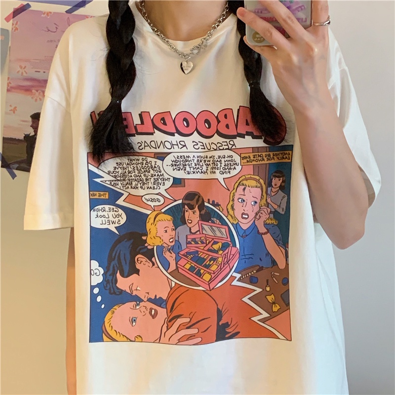 SUXI Áo Thun Tay Ngắn Cổ Tròn Form Rộng In Họa Tiết Nhân Vật Đơn Giản Thời Trang Mùa Hè Cho Nữ