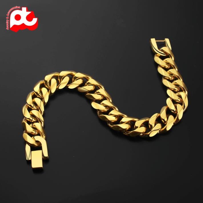 Lắc tay nam lặc đơn kiểu vác cạnh titan cao cấp rẻ đẹp khóa bộ thép không gỉ PT JEWELRY cỡ 13mm mạ vàng PTLTNA14