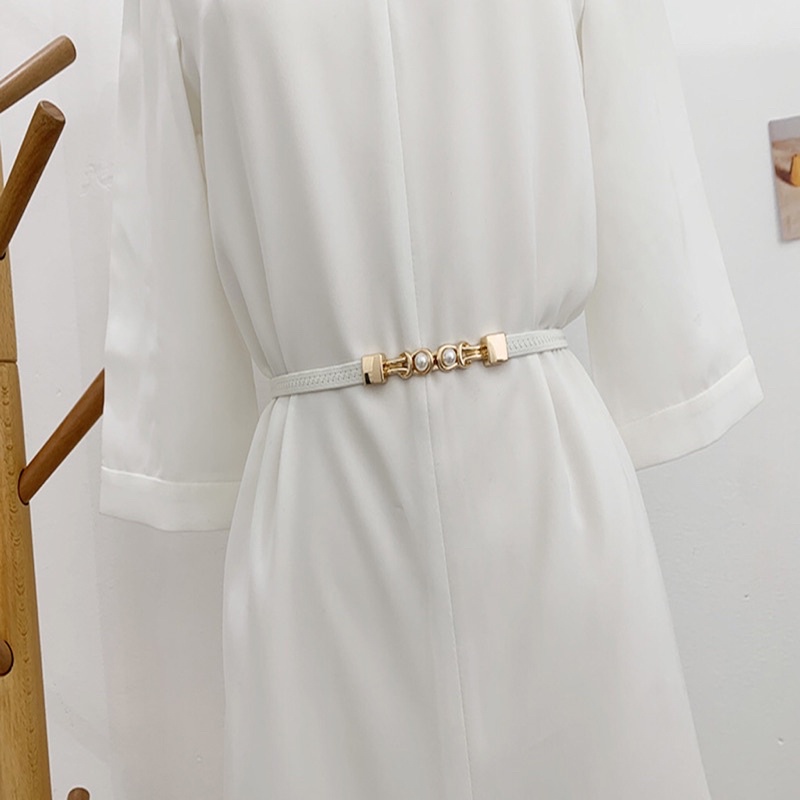 Dây thắt lưng belt chun hạt ngọc bản mỏng khóa kim loại