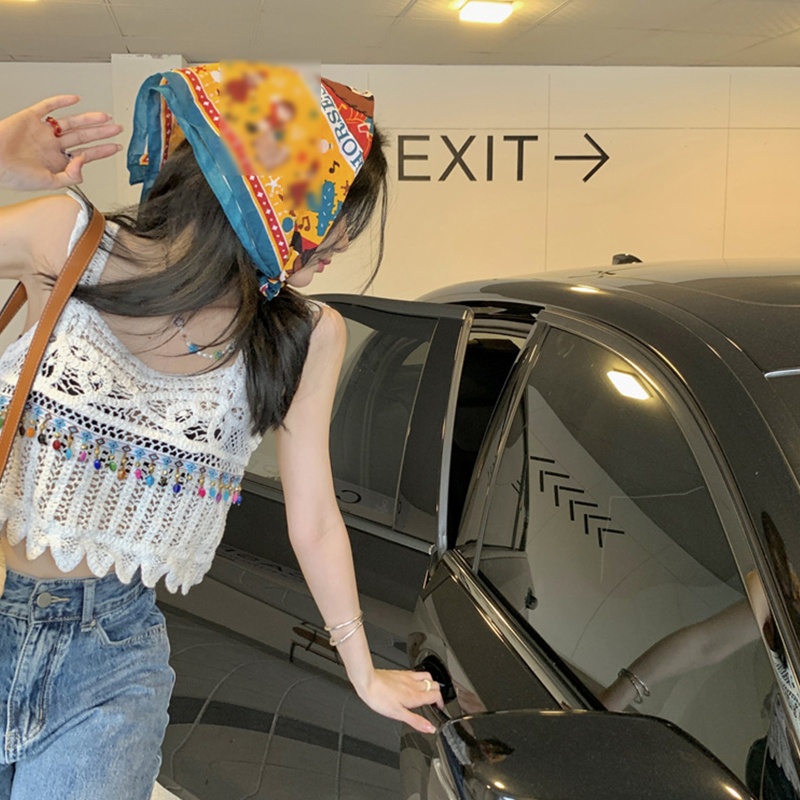 Áo Croptop Dệt Kim Không Tay Đính Hạt Phối Tua Rua Thời Trang Đi Biển Cho Nữ