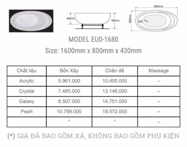 BỒN TẮM EUROCA OVAL - MODEL EUO - 1680- BẢO HÀNH 3 NĂM