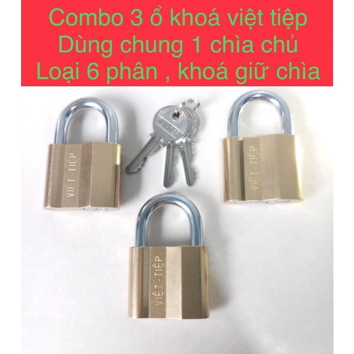 Set 3 ổ khóa việt tiệp dùng chung 1 chìa ( loại 6 phân , khóa giữ chìa , gồm 3 chìa sơ cua )