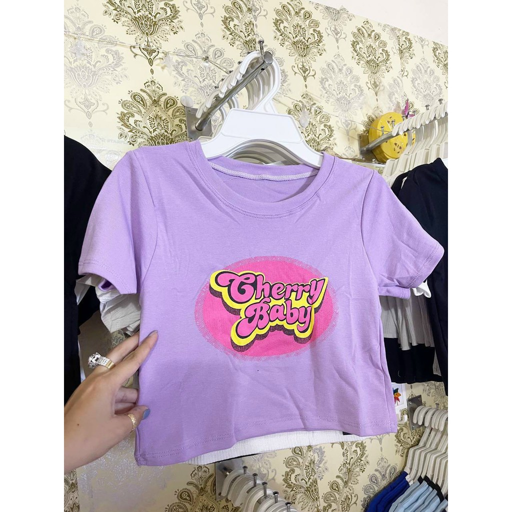 Áo thun in chữ cherybaby tay ngắn cổ tròn dáng croptop xinh nu