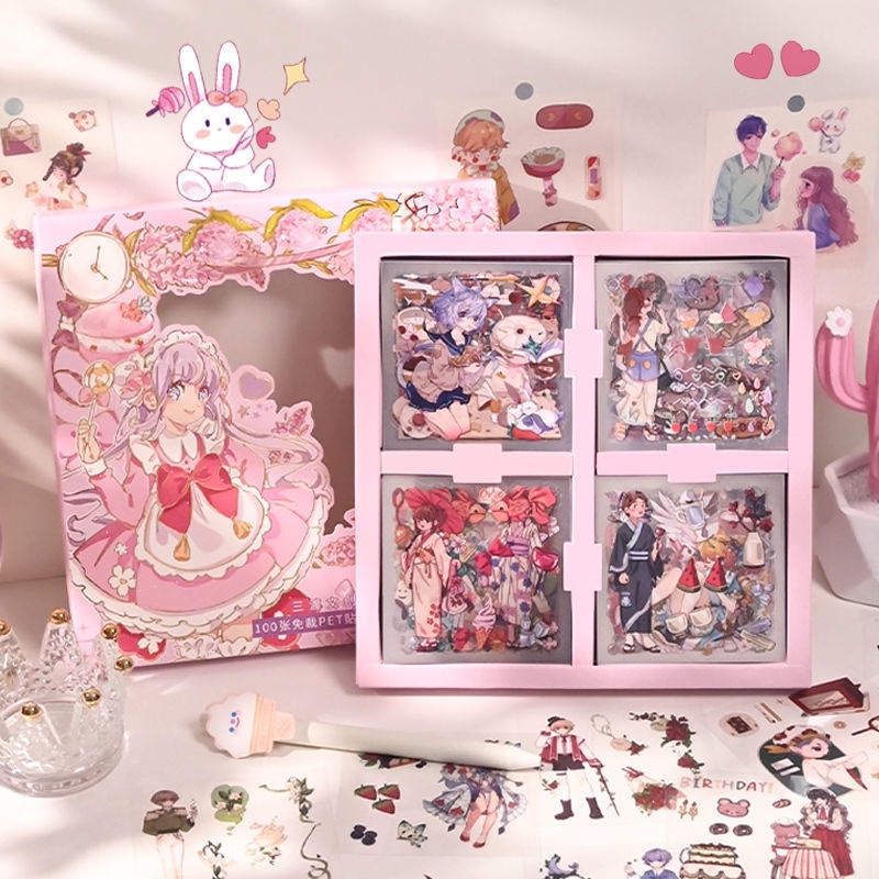 Hộp 100 Tấm Sticker Cute Sticker Trong Suốt  Set 100 Sticker Hộp Sticker Trang Trí Sổ