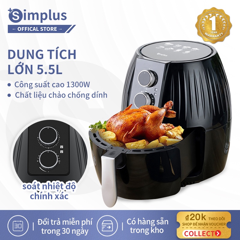 Nồi chiên không dầu Simplus dung tích lớn 5.5L Nồi chiên không dầu tự động đa chức năng kiểu mới