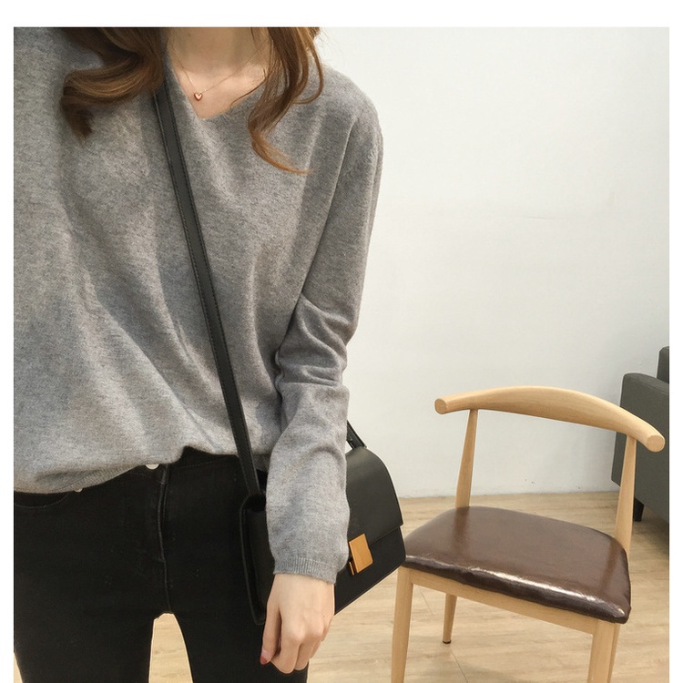 SUXI Áo Len Tay Dài Cổ Chữ V Màu Sắc Đơn Giản Cho Nữ