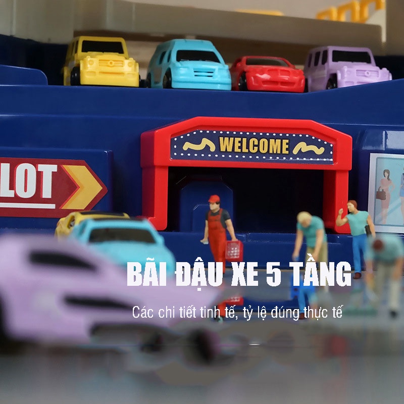Đồ chơi mô hình bãi đỗ xe 5 tầng kích thước lớn có nhạc có đèn kèm sẵn 8 ô tô nhiều màu sắc cho bé