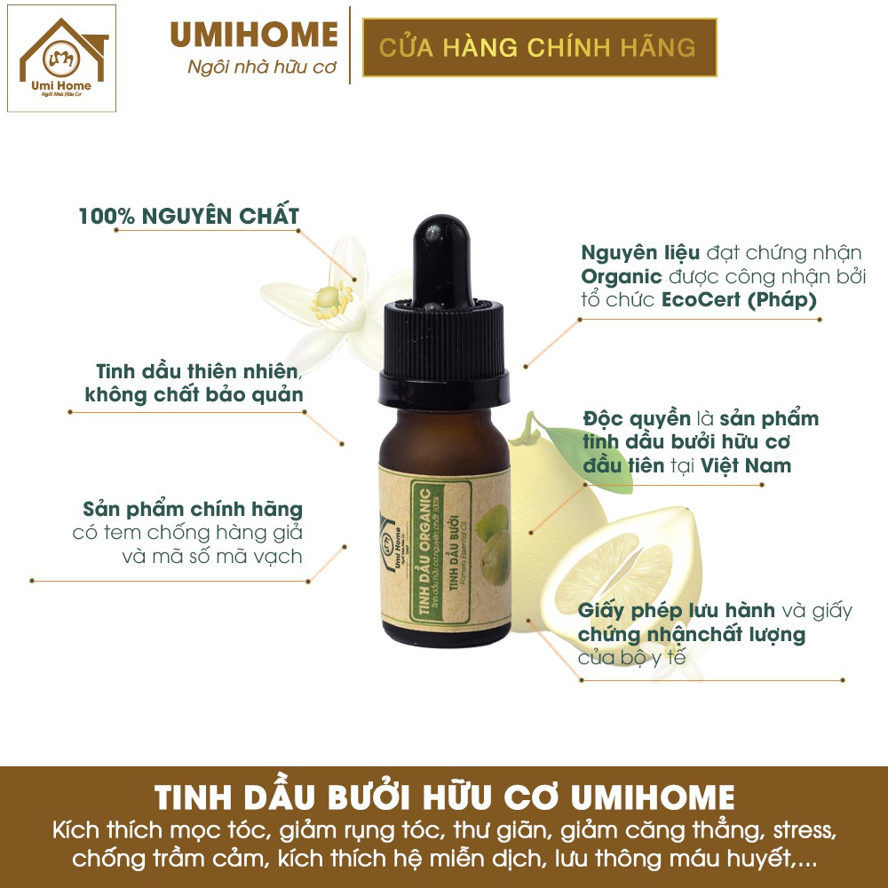 Combo 3 loại Tinh Dầu UMIHOME gồm Bưởi, Vỏ Quế, Hương Thảo (10mlx3) hữu cơ nguyên chất