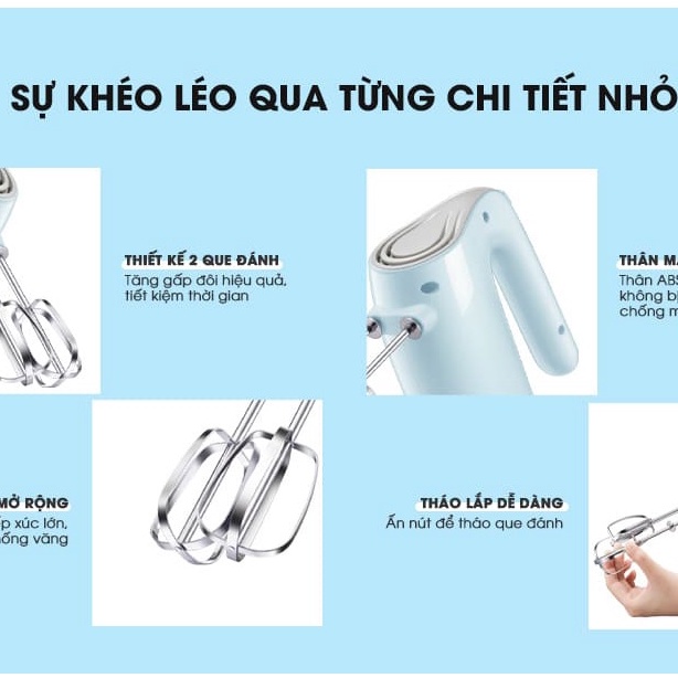 [Mã ELHA22 giảm 5% đơn 300K] Máy đánh trứng đánh kem cầm tay nhỏ gọn tiện lợi Bear DDQ-B02P5 màu xanh chính hãng