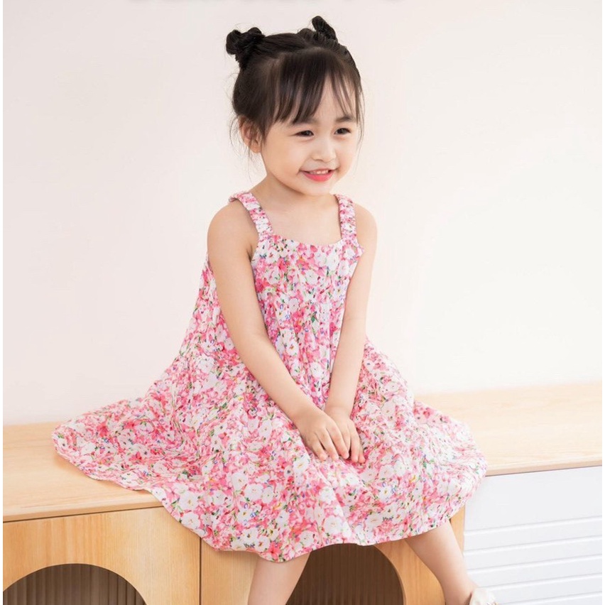 [ Bé 10-20kg ] Đầm váy cotton xuất 2 dây bảng to và 2 dây cánh tiên nơ to trước ngực cho bé gái