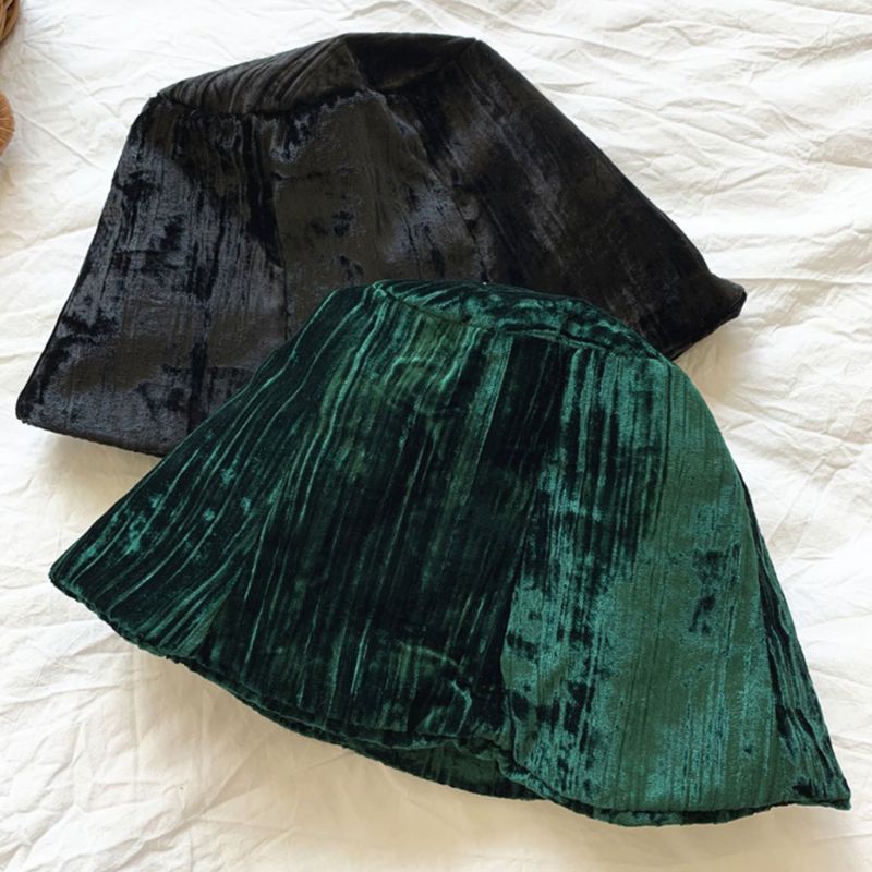 Nón Bucket Chất Liệu Nhung Màu Sắc Trơn Phong Cách Vintage Nhật Bản Cho Nữ