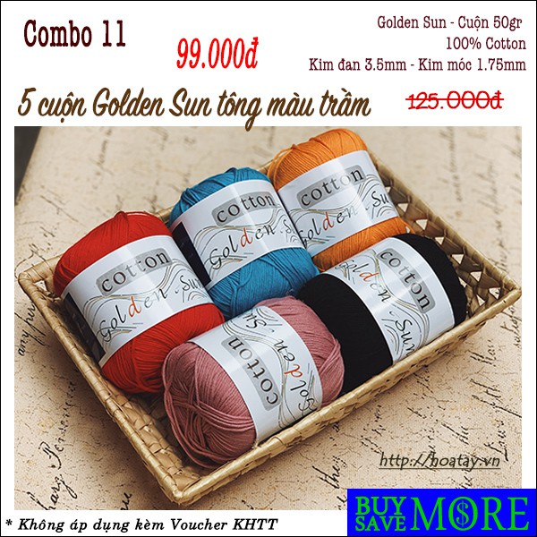 Combo 11 gồm 5 cuộn len Cotton Hong Kong - Golden Sun màu trầm