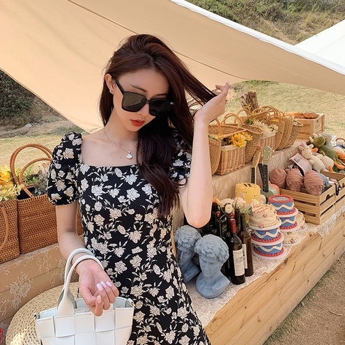 【ZHELIHANGFEI】 / Đầm Hoa Trễ Vai Tay Phồng Dáng Ngắn Form Ôm Thời Trang Cho Nữ