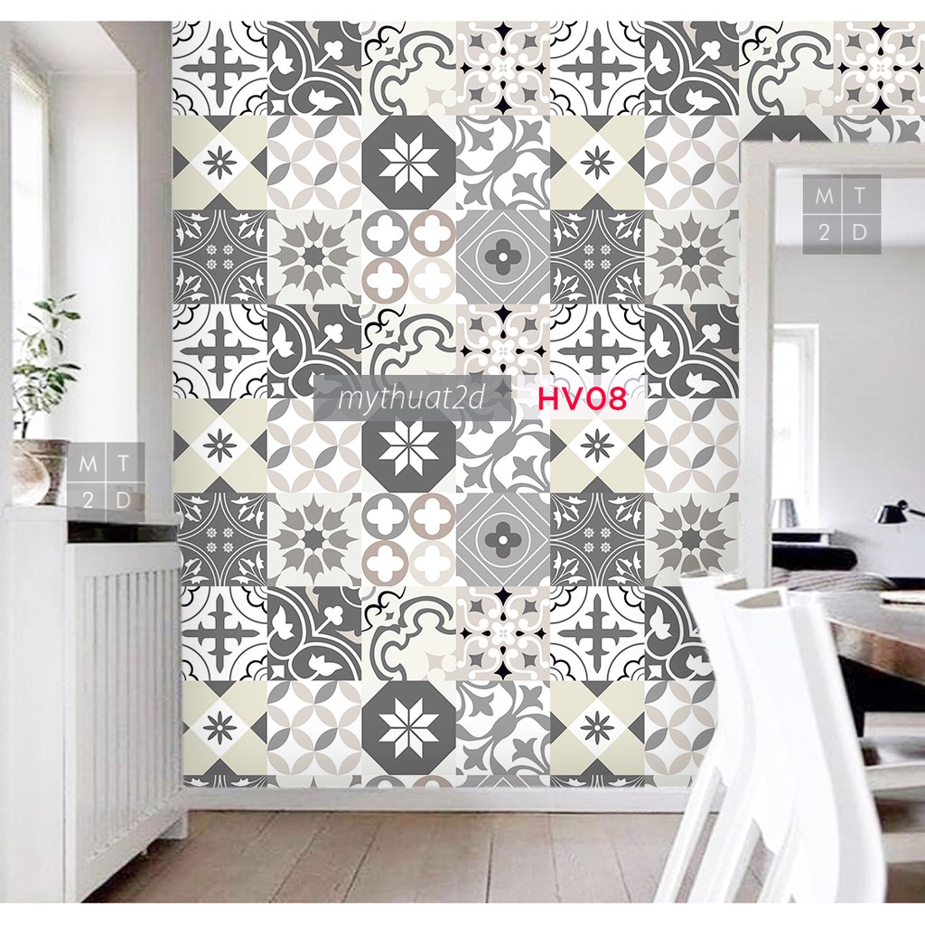 Sét 35 ô Decal gạch bông_màu xám grey _kt 20x20/ô HV08